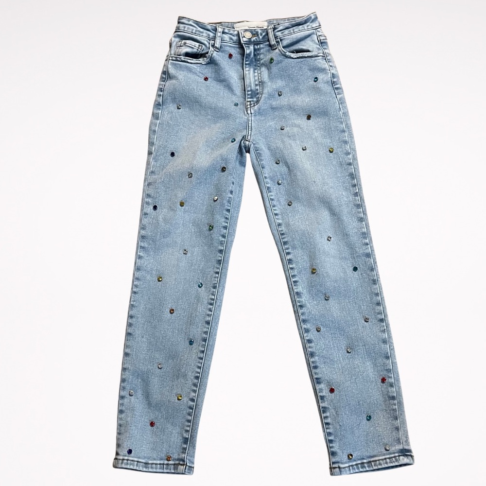 Queen Hearts Paris Stylish Rhinestones Light Blue Straight Leg Jeans XS EUR 34